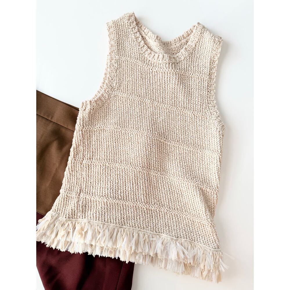 Cream Knit Crew Neck Tank with Fringe - Size XXS